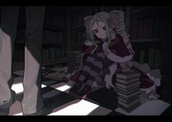 Rule 34 | 1boy, 1girl, absurdres, beatrice (re:zero), blonde hair, book, bookshelf, bow, capelet, checkered floor, closed mouth, commentary, crossed arms, dark, dress, drill hair, frills, fur-trimmed capelet, fur trim, hair ribbon, highres, indoors, kiliko-san, library, long hair, pants, pantyhose, pink ribbon, re:zero kara hajimeru isekai seikatsu, red capelet, red dress, ribbon, shoes, sidelocks, sitting, striped clothes, striped pantyhose, symbol-only commentary, twin drills, twintails