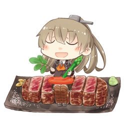 Rule 34 | 10s, 1girl, :d, ascot, asparagus, bad id, bad pixiv id, brown hair, brown thighhighs, carrot, closed eyes, food, hinata yuu, in food, kantai collection, kumano (kancolle), legs together, long hair, looking at viewer, open mouth, plate, pleated skirt, ponytail, school uniform, simple background, sitting, skirt, smile, solo, steak, thighhighs, white background, zettai ryouiki