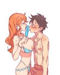 Rule 34 | artist request, bikini, bikini pull, black hair, blush, breasts, clothes pull, food, highres, large breasts, licking, long hair, looking at another, monkey d. luffy, nami (one piece), nipples, one piece, orange hair, penis, popsicle, scar, scar on chest, scar on face, simple background, sweatdrop, swimsuit, tagme, white background