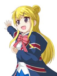 Rule 34 | 1girl, blonde hair, blue jacket, blue skirt, bow, bowtie, collared shirt, commentary request, cowboy shot, eabo19tw, from side, hair ornament, hairclip, hand up, jacket, kin-iro mosaic, kujou karen, light blush, long hair, long sleeves, looking ahead, open mouth, outstretched arm, pink bow, pink bowtie, purple eyes, shirt, skirt, smile, solo, union jack, upper body, white background, white shirt