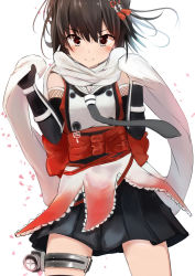 Rule 34 | &gt;:), 10s, 1girl, bad id, bad pixiv id, black gloves, black skirt, blush, brown hair, gloves, hair ornament, kantai collection, looking at viewer, marisayaka, necktie, personification, pleated skirt, scarf, sendai (kancolle), sendai kai ni (kancolle), short hair, skirt, smile, solo, thigh strap, v-shaped eyebrows, white scarf