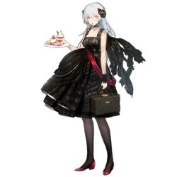 Rule 34 | 1girl, bag, black dress, black pantyhose, black scarf, breasts, cake, collarbone, detached sleeves, dress, earrings, facial scar, food, full body, girls&#039; frontline, glint, gold, high heels, holding, holding bag, holding tray, ice cream, jewelry, lace, lace-trimmed dress, lace-trimmed sleeves, lace trim, laurel crown, layered dress, long hair, looking at viewer, macaron, medium breasts, mouth hold, muffin, nin (lion), official alternate costume, official art, pantyhose, pink eyes, pumps, red footwear, scar, scar on cheek, scar on face, scarf, silver hair, solo, sundae, thunder (black swan&#039;s dream) (girls&#039; frontline), thunder (girls&#039; frontline), transparent background, tray, utensil in mouth