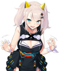 Rule 34 | &gt;:d, 1girl, :d, animal ears, bad id, bad pixiv id, bare shoulders, blue eyes, breasts, cleavage, cleavage cutout, clothing cutout, commentary request, cowboy shot, dress, fake animal ears, hair ornament, hairclip, kaguya luna, large breasts, light purple hair, looking at viewer, obi, open mouth, sash, simple background, sleeveless, sleeveless dress, smile, solo, teeth, the moon studio, tomohiro kai, twintails, v-shaped eyebrows, virtual youtuber, white background, wristband, x hair ornament
