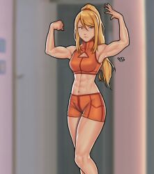 Rule 34 | 1girl, abs, absurdres, armpits, arms up, artist logo, bare shoulders, blonde hair, blue eyes, blurry, blurry background, breasts, feet out of frame, flexing, hair between eyes, high collar, high ponytail, highres, long hair, looking at viewer, medium breasts, metroid, midriff, multicolored clothes, muscular, muscular female, navel, nintendo, orange shorts, orange sports bra, ponytail, samus aran, shorts, sidelocks, solo, sports bra, standing, vj99