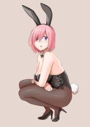 Rule 34 | 1girl, animal ears, bare shoulders, black leotard, bow, bowtie, breasts, cleavage, detached collar, fake animal ears, fate/grand order, fate (series), fishnet pantyhose, fishnets, glasses, high heels, highres, kurosu gatari, large breasts, leotard, looking at viewer, mash kyrielight, open mouth, pantyhose, pink hair, playboy bunny, purple eyes, rabbit ears, rabbit tail, short hair, simple background, solo, squatting, tail, wrist cuffs
