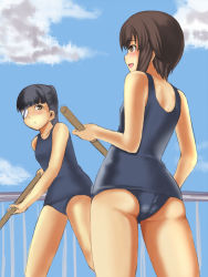 Rule 34 | 2girls, bad id, bad pixiv id, black hair, broom, brown eyes, brown hair, cleaning brush, eyepatch, goji (five clock), long hair, multiple girls, one-piece swimsuit, ponytail, sakamoto mio, school swimsuit, short hair, strike witches, swimsuit, takei junko, world witches series