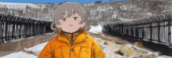 Rule 34 | 1girl, alternate costume, asasow, blue sky, brown eyes, coat, commentary request, day, fence, grey hair, hatoba tsugu, highres, hood, hood down, hooded coat, iron fence, looking at viewer, mole, mole under eye, open mouth, orange coat, outdoors, parka, raised eyebrows, single hair ring, sky, smile, snow, solo, tsugu (vtuber), upper body, virtual youtuber