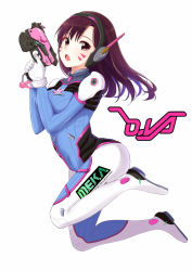 Rule 34 | 1girl, bodysuit, breasts, brown eyes, brown hair, character name, d.va (overwatch), facial mark, finger on trigger, full body, gloves, gun, handgun, headphones, highres, holding, holding gun, holding weapon, itachi kanade, long hair, looking at viewer, looking to the side, medium breasts, open mouth, overwatch, overwatch 1, pilot suit, pistol, skin tight, solo, swept bangs, weapon, whisker markings, white gloves