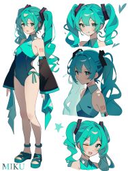 1girl :d ;d absurdres aqua_hair arm_tattoo black_sleeves casual_one-piece_swimsuit character_name character_sheet closed_mouth coco_irasuto covered_navel detached_sleeves green_eyes grey_background hair_between_eyes hair_ornament hatsune_miku highres long_hair long_sleeves looking_at_viewer number_tattoo one-piece_swimsuit one_eye_closed open_mouth sleeves_past_wrists smile solo swimsuit tattoo tongue tongue_out twintails vocaloid