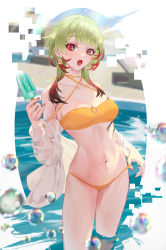 Rule 34 | 1girl, :o, azur lane, bare shoulders, bikini, breasts, cirilla lin, cleavage, collarbone, earrings, food, giuseppe garibaldi (azur lane), gradient hair, green hair, hand up, highres, holding, jacket, jewelry, long hair, looking at viewer, medium breasts, multicolored hair, navel, off shoulder, open clothes, open jacket, open mouth, popsicle, red eyes, see-through, solo, stomach, string bikini, swimsuit, swimsuit cover-up, thighs, two-tone hair, wading, water, white jacket, yellow bikini
