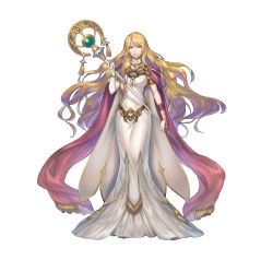Rule 34 | 1girl, absurdres, belt, blonde hair, breasts, cape, commentary request, dress, elbow gloves, fire emblem, fire emblem: the blazing blade, fire emblem heroes, gloves, gold trim, green eyes, highres, holding, long dress, long hair, medium breasts, nintendo, official art, saint elimine (fire emblem), simple background, single glove, solo, staff, very long hair, white background, white dress