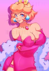 Rule 34 | 1girl, blonde hair, blue eyes, blush, bodycon, breasts, cleavage, collarbone, cresscin, crown, dress, earrings, feather boa, grin, highres, jewelry, large breasts, looking at viewer, mario (series), necklace, nintendo, pink background, pink dress, pink lips, princess peach, short hair, smile, solo, standing, super mario bros. 1, teeth, thigh strap
