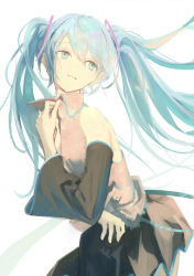 Rule 34 | 1girl, 7ife, absurdres, bad id, bad pixiv id, black skirt, blue eyes, blue hair, collared shirt, commentary, cowboy shot, detached sleeves, english commentary, from side, grey shirt, hand up, hatsune miku, highres, long hair, looking back, open clothes, open shirt, parted lips, shirt, simple background, skirt, sleeveless, sleeveless shirt, solo, twintails, vocaloid, white background