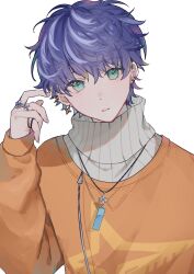 Rule 34 | 10 io, 1boy, astel leda, blonde hair, blue hair, earrings, green eyes, hair between eyes, hand up, highres, holostars, jewelry, looking at viewer, male focus, multicolored hair, multiple rings, orange shirt, parted lips, ribbed sweater, ring, shirt, short hair, solo, sweater, sweater under shirt, turtleneck, turtleneck sweater, two-tone hair, upper body, virtual youtuber, white background, zipper