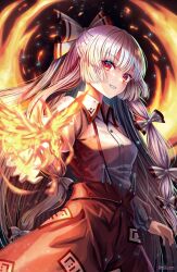 Rule 34 | 1girl, bow, fire, fujiwara no mokou, hair bow, highres, long hair, long sleeves, ofuda, ofuda on clothes, open mouth, pants, red eyes, red pants, rouge (my rouge), smile, solo, suspenders, touhou, white hair