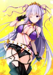 Rule 34 | 1girl, ;), azuma yuki, bare shoulders, bb (fate), bb (fate) (all), bb (swimsuit mooncancer) (fate), bb (swimsuit mooncancer) (second ascension) (fate), belt, belt buckle, bikini, black gloves, black shorts, black thighhighs, blush, breasts, buckle, cleavage, closed mouth, collarbone, day, earrings, fate/grand order, fate (series), fingerless gloves, gloves, gluteal fold, hair between eyes, jewelry, large breasts, long hair, micro shorts, navel, one eye closed, open clothes, open fly, open shorts, purple bikini, purple eyes, purple hair, short shorts, shorts, signature, smile, solo, star (symbol), star earrings, swimsuit, thighhighs, twitter username, v-shaped eyebrows, v over eye, very long hair, white belt