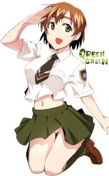 Rule 34 | 00s, 1girl, :d, brown hair, chitose midori, em (totsuzen no hakike), green eyes, green green, green skirt, knees together feet apart, loafers, navel, necktie, open mouth, panties, pantyshot, shoes, short hair, short sleeves, simple background, skirt, smile, solo, striped clothes, striped panties, underwear, white background