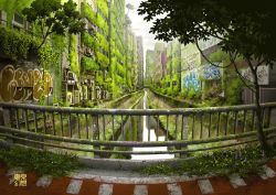 Rule 34 | air conditioner, artist name, canal, city, commentary request, day, fantasy, fisheye, graffiti, grass, grey sky, huge filesize, moss, no humans, original, outdoors, overgrown, plant, post-apocalypse, railing, real world location, reflection, ruins, scenery, sky, tokyo (city), tokyogenso, tree, water, watermark