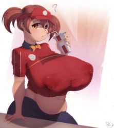Rule 34 | 1girl, ?, belly, blush, breasts, brown eyes, brown hair, coffeeslice, covered erect nipples, cup, curvy, disposable cup, drinking straw, dutch angle, employee uniform, fast food uniform, fupa, hataraku maou-sama!, highres, huge breasts, lactation, lactation through clothes, looking at viewer, midriff, navel, no bra, plump, puffy nipples, sasaki chiho, shirt, short hair, short sleeves, short twintails, skirt, solo, taut clothes, taut shirt, twintails, uniform, visor cap