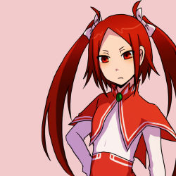 Rule 34 | 1girl, pink background, red eyes, red hair, ribbon, rommy, tales of (series), tales of the tempest, twintails