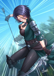 Rule 34 | 1girl, adsouto, arrow (projectile), black gloves, black hair, black pants, blue hair, bodice, bow (weapon), breasts, cleavage, fire emblem, fire emblem: three houses, gloves, green jacket, highres, jacket, large breasts, looking at viewer, nintendo, pants, purple eyes, quiver, shamir nevrand, solo, tagme, weapon