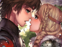Rule 34 | 1boy, 1girl, armor, astrid hofferson, blonde hair, blue eyes, blush, braid, brown hair, couple, eye contact, face-to-face, from side, hetero, hiccup horrendous haddock iii, how to train your dragon, imminent kiss, kawacy, long hair, looking at another, open mouth, portrait, short hair, single braid