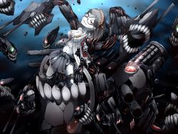 Rule 34 | 10s, 1girl, abyssal ship, bare shoulders, black hair, breasts, corruption, cyborg, dark persona, detached sleeves, glasses, ha-class destroyer, hairband, highres, japanese clothes, kantai collection, kirishima (kancolle), nontraditional miko, ogawa-syou, ogawa shou, pale skin, red eyes, short hair, skirt, smile, solo