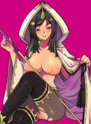 Rule 34 | 1girl, aya gozen, black eyes, black hair, blush, boots, breasts, censored, eroe, female focus, hood, large breasts, long hair, nipples, open clothes, open robe, pantyhose, polearm, pussy, robe, see-through, sengoku musou, sengoku musou 3, solo, staff, thighhighs, torn clothes, weapon