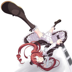 Rule 34 | 1girl, black socks, bloomers, blush, brown eyes, brown hair, dress, eyepatch, foreshortening, frilled dress, frills, gothic lolita, hanazono yurine, handstand, hat, holding, holding weapon, jashin-chan dropkick, lolita fashion, long hair, looking at viewer, machete, magic circle, mini hat, mumyou ishi, navel, one arm handstand, open mouth, shadow, shoes, simple background, socks, solo, sword, thighs, top-down bottom-up, twintails, underskirt, underwear, upside-down, upskirt, weapon, white background, white bloomers