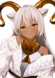 Rule 34 | 1girl, animal ear fluff, animal ears, aratake, arknights, bare shoulders, beeswax (arknights), beeswax (weisser sand) (arknights), blush, closed mouth, coat, dark-skinned female, dark skin, dress, female focus, goat, goat ears, goat horns, horns, long hair, long sleeves, looking at viewer, off shoulder, official alternate costume, open clothes, open coat, silver hair, sleeves past wrists, smile, solo, upper body, white coat, white dress, yellow eyes