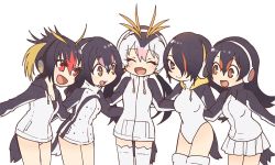 Rule 34 | 10s, 5girls, :d, ^ ^, black hair, black jacket, blonde hair, brown eyes, closed eyes, cowboy shot, doremifa rondo (vocaloid), drawstring, emperor penguin (kemono friends), gentoo penguin (kemono friends), hair between eyes, hair over one eye, hand on another&#039;s back, headphones, hood, hoodie, humboldt penguin (kemono friends), jacket, kemono friends, leotard, long hair, looking at viewer, low twintails, miniskirt, multicolored clothes, multicolored hair, multicolored jacket, multiple girls, official art, open mouth, orange hair, penguin tail, penguins performance project (kemono friends), pink hair, pleated skirt, pocket, red eyes, red hair, rockhopper penguin (kemono friends), royal penguin (kemono friends), simple background, skirt, smile, streaked hair, tail, tama (songe), thighhighs, turtleneck, twintails, vocaloid, white background, white hair, white jacket, white legwear, white skirt