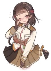 Rule 34 | 1girl, black eyes, black gloves, black hair, blush, braid, brown skirt, crying, crying with eyes open, fingerless gloves, gloves, kantai collection, long hair, long sleeves, military, military uniform, one eye closed, open mouth, pleated skirt, simple background, single braid, skirt, solo, tears, terrajin, uniform, upper body, very long hair, white background, yamashio maru (kancolle)