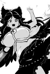 Rule 34 | 1girl, absurdres, arm cannon, bow, breasts, cape, greyscale, groin, hair bow, highres, himajin noizu, large breasts, long hair, looking at viewer, monochrome, navel, open mouth, plump, reiuji utsuho, shirt, short sleeves, sidelocks, simple background, skirt, solo, teeth, third eye, touhou, upper teeth only, weapon, wings