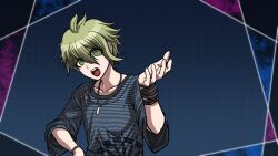Rule 34 | amami rantaro, antenna hair, blue background, blue shirt, blue sleeves, brooch, collarbone, commentary request, danganronpa (series), danganronpa v3: killing harmony, eyelashes, furrowed brow, green eyes, green hair, hair between eyes, hand on own hip, jewelry, long sleeves, looking at viewer, multiple bracelets, official style, open mouth, outside border, outstretched hand, palms, parody, pendant, polka dot, polka dot background, shirt, short hair, simple background, sleeves past elbows, striped clothes, striped shirt, style parody, teeth, upper teeth only, vertical-striped sleeves, yumaru (marumarumaru)