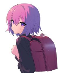 Rule 34 | 1girl, backpack, bad link, bag, chorefuji, commentary request, eyelashes, hair between eyes, hand up, highres, looking at viewer, looking to the side, medium hair, original, parted lips, pink hair, purple eyes, randoseru, red bag, simple background, snail, solo, wet, white background