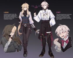 Rule 34 | 1boy, 1girl, absurdres, ahoge, bat (animal), belt, belt buckle, blonde hair, boots, bow, bowtie, breasts, buckle, character name, commentary, cross, english commentary, fangs, full body, genshin impact, gloves, grey hair, hair between eyes, high heel boots, high heels, highres, holding, holding sword, holding weapon, jewelry, long sleeves, lumine (genshin impact), lyney (genshin impact), majunjuu, medium breasts, mouse (animal), necklace, pointy ears, purple eyes, red eyes, standing, sword, thigh strap, vampire, weapon, yellow eyes