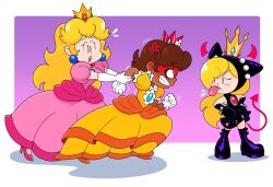 Rule 34 | 3girls, angry, blonde hair, blue eyes, boots, brown hair, child, crown, dress, earrings, flower earrings, full body, gloves, hair over one eye, hand on own hip, highres, horns, jewelry, long hair, looking at another, mario (series), mario power tennis, mario tennis, mayo (funnyhoohooman), multiple girls, nintendo, orange dress, pink dress, princess daisy, princess peach, puffy short sleeves, puffy sleeves, purple skirt, short sleeves, skirt, standing, sweat, tongue, tongue out, warupeach