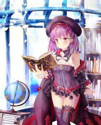 Rule 34 | 1girl, arrow (symbol), bad id, bad pixiv id, belt, belt buckle, beret, black coat, black collar, black dress, black hat, black thighhighs, blush, book, bookshelf, bow, breasts, buckle, closed mouth, coat, collar, collarbone, commentary request, crescent, detached collar, dress, fate/grand order, fate (series), globe, hair between eyes, hat, helena blavatsky (fate), helena blavatsky (third ascension) (fate), highres, holding, holding book, indoors, long hair, long sleeves, looking away, looking down, mutang, off shoulder, open book, purple eyes, purple hair, red belt, ribbed legwear, sefirot, small breasts, smile, solo, strapless, strapless dress, thighhighs, transparent, white bow
