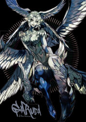 Rule 34 | 1girl, artist name, black background, breasts, claws, collarbone, denny626, english text, feathered wings, feathers, final fantasy, final fantasy xiv, full body, garuda, harpy, head wings, highres, lips, medium breasts, monster girl, multiple wings, signature, solo, talons, white wings, wings
