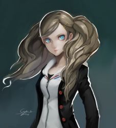 Rule 34 | 10s, 1girl, black jacket, blazer, blue eyes, brown hair, collarbone, floating hair, grey background, hair ornament, hairclip, highres, jacket, long hair, looking at viewer, open jacket, open clothes, open jacket, parted lips, persona, persona 5, signature, solo, sweater, takamaki anne, twintails, upper body, very long hair, white sweater, xq, zipper
