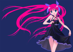 Rule 34 | 1girl, :d, bad id, bad pixiv id, bare shoulders, black dress, blue background, blue eyes, bow, clothes lift, dress, dress lift, flat chest, floating hair, hair bow, legs, long hair, open mouth, original, pink hair, ribbon, shiitake urimo, smile, solo, twintails, very long hair