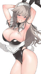 Rule 34 | 1girl, absurdres, animal ears, apron, armpits, arms behind head, arms up, black leotard, blush, breasts, cleavage, collar, commentary, contrapposto, cowboy shot, detached collar, fake animal ears, fake tail, frilled collar, frills, grey hair, grin, highres, inushima, large breasts, leotard, long hair, looking at viewer, maid, maid headdress, original, playboy bunny, rabbit ears, rabbit tail, simple background, skindentation, smile, solo, strapless, strapless leotard, tail, very long hair, waist apron, white apron, white background