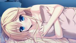 Rule 34 | 1girl, ameto yuki, bed, blonde hair, blue eyes, blush, breast press, breasts, female focus, game cg, konno arisa, large breasts, long hair, looking at viewer, lying, nude, on side, pillow, pillow grab, pure x connect, smile, solo