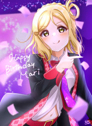 Rule 34 | 1girl, artist name, artist request, belt, black cardigan, black jacket, black pants, black shorts, blonde hair, blush, bow, bowtie, braid, breasts, brown eyes, cardigan, cloud, collared shirt, crown braid, day, female focus, green eyes, guilty kiss (love live!), hair rings, highres, jacket, looking at viewer, love live!, love live! school idol festival, love live! sunshine!!, medium breasts, necktie, ohara mari, outdoors, pants, parted lips, purple neckwear, purple sky, red belt, red bow, shirt, short hair, shorts, sky, smile, solo, sparkle print, stage, stage lights, star (sky), v-shaped eyebrows, white shirt, yellow eyes