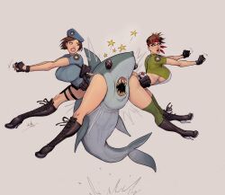 Rule 34 | 2girls, adapted costume, ass, bandana, black gloves, blue eyes, boots, breasts, clenched teeth, devilhs, eyeshadow, fingerless gloves, gloves, high heel boots, high heels, highres, hip attack, holster, huge breasts, jill valentine, knee boots, large breasts, leotard, lips, makeup, multiple girls, outstretched arms, rebecca chambers, red bandana, resident evil 1, shark, short hair, shoulder holster, sideboob, simple background, teeth, underboob