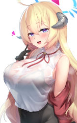 Rule 34 | 1girl, ahoge, akari (blue archive), bare shoulders, black gloves, blonde hair, blue archive, blue eyes, blush, bow, bowtie, bra visible through clothes, breasts, gloves, highres, horns, large breasts, long hair, looking at viewer, off shoulder, open mouth, red bow, red bowtie, see-through, shirt, simple background, sleeveless, sleeveless shirt, smile, solo, symbol-shaped pupils, ushimittsu, wet, wet clothes, wet shirt, white shirt