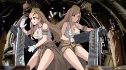 Rule 34 | .50 bmg, 2girls, :q, airplane interior, ammunition, ammunition belt, ammunition chute, anti-materiel cartridge, belt-fed, between breasts, breasts, brown hair, brown jacket, browning m2, bullet, cleavage, clothes around waist, commentary request, dog tags, dual persona, full-power cartridge, girls&#039; frontline, gloves, gun, heavy machine gun, hmg cartridge, holding, holding gun, holding weapon, jacket, jacket around waist, large breasts, long hair, m2hb (girls&#039; frontline), machine gun, magnum cartridge, match grade ammunition, memphis belle, military cartridge, multiple girls, parody, red eyes, rifle cartridge, scene reference, shirt, sleeveless, sleeveless shirt, smile, supersonic ammunition, tab (tabkun), tied shirt, tongue, tongue out, weapon, white gloves, white shirt