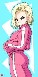 Rule 34 | 1girl, absurdres, alternate costume, android 18, ass, blonde hair, blue background, blue eyes, chris re5, dragon ball, earrings, from side, hands in pockets, highres, jacket, jewelry, looking at viewer, pants, short hair, simple background, solo, track jacket, track pants