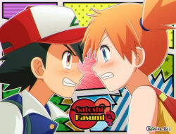 Rule 34 | 1boy, 1girl, akika 821, angry, ash ketchum, bare shoulders, baseball cap, black hair, brown eyes, clenched teeth, collared shirt, creatures (company), eye contact, from side, game freak, green eyes, hat, looking at another, misty (pokemon), nintendo, open mouth, orange hair, pokemon, pokemon (anime), pokemon (classic anime), red headwear, shirt, short hair, short ponytail, side ponytail, sleeveless, sleeveless shirt, teeth, twitter username, upper body, yellow shirt