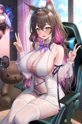 Rule 34 | 2girls, amanogawa shiina, amanogawa shiina (cosplay), animal ear fluff, animal ears, blue sky, breasts, brown hair, chair, chisaka airi, cleavage, cloud, cosplay, covered erect nipples, covered navel, curtains, day, detached sleeves, double v, fang, hair ornament, hairclip, highres, honkai: star rail, honkai (series), huge breasts, indoors, kafka (honkai: star rail), large breasts, long hair, looking at viewer, multicolored hair, multiple girls, on chair, open mouth, phase connect, pink hair, see-through, see-through sleeves, sitting, skin fang, sky, smile, studiopokotan, stuffed animal, stuffed toy, teddy bear, thighhighs, two-tone hair, v, virtual youtuber, white thighhighs, window, yellow eyes